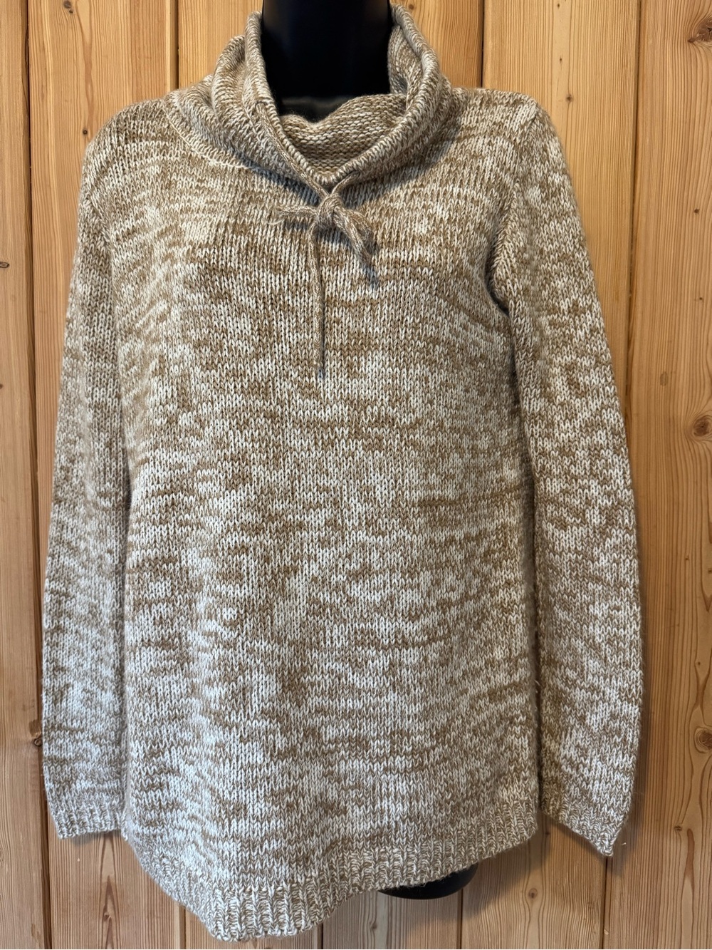 Marled Cream & Tan Cowl-Neck Pullover Sweater